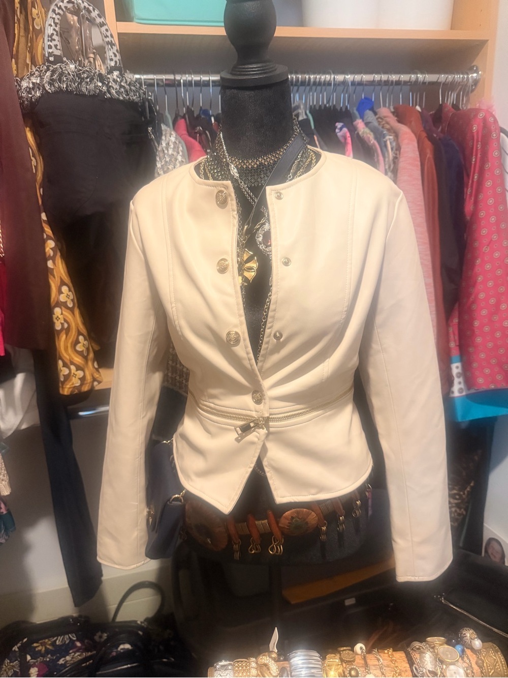 Zara Cream Fitted Leather Jacket with Gold Buttons